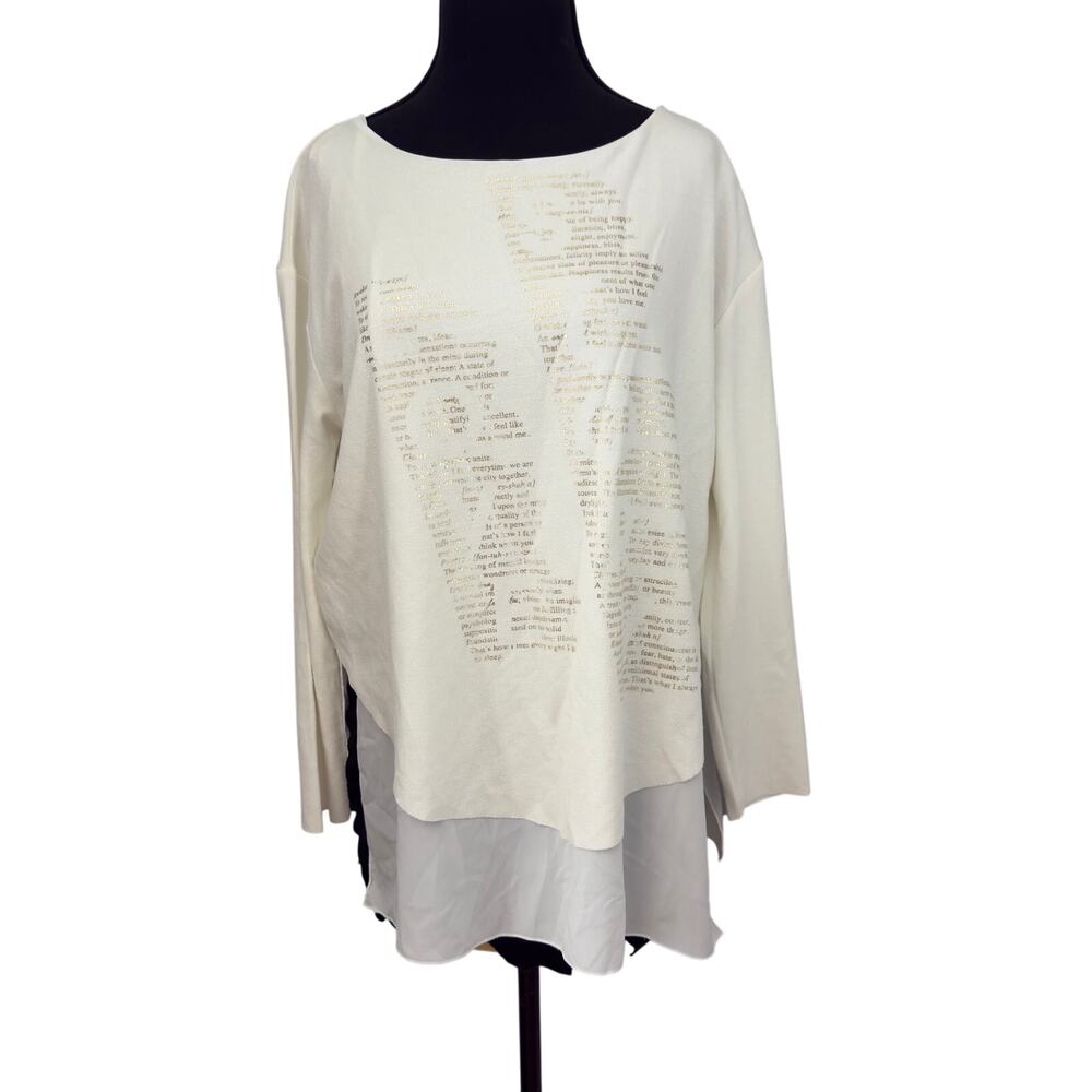 Zara Gold Foil Text Layered Hem Sweater Top Size M
 Ivory